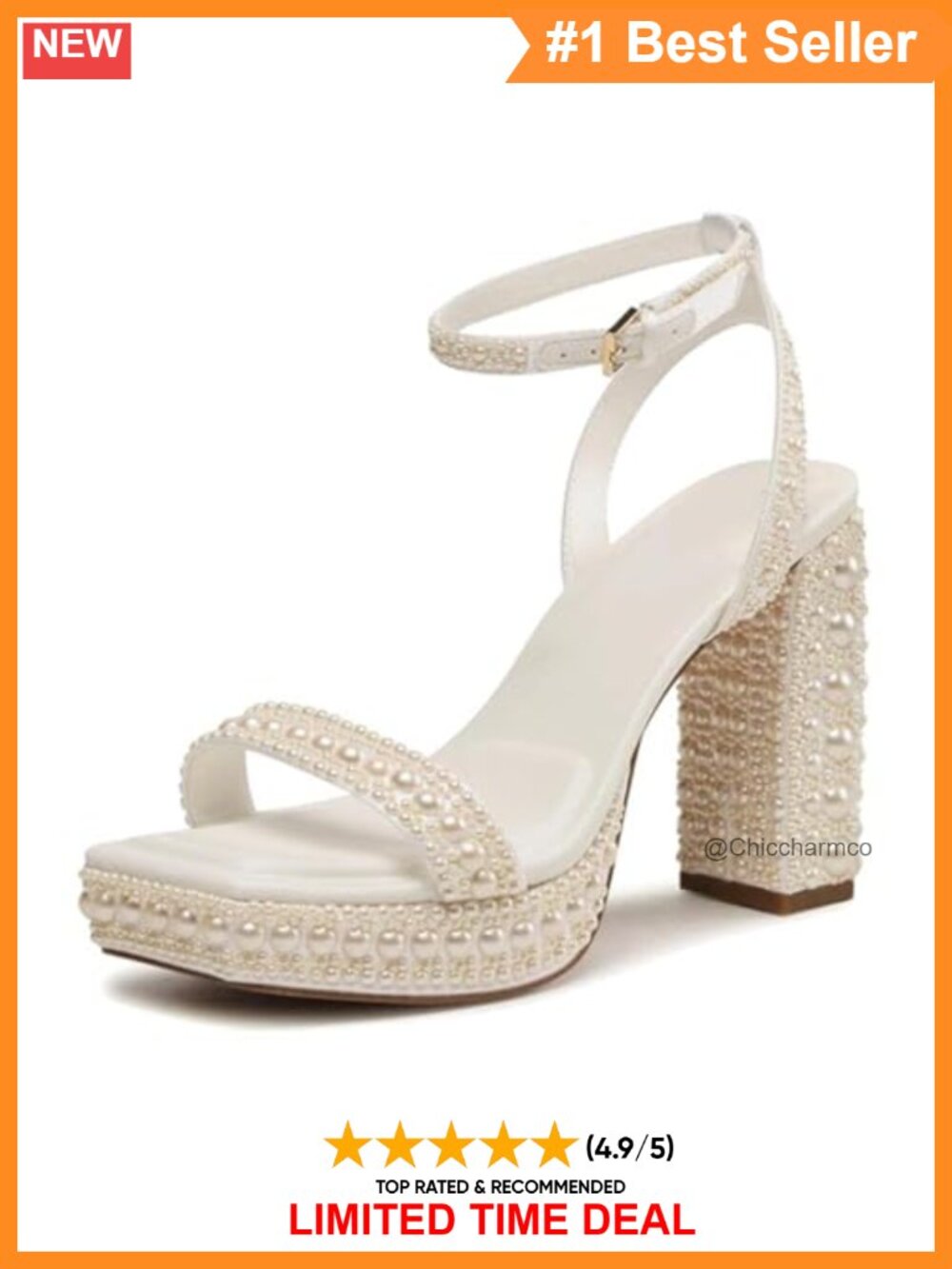 Pearl Platform Heels Open Toe Chunky Ankle Strap Wedding Sandals